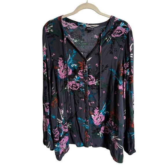 Torrid Pink Gray Relaxed Tie Front Blouse Crinkle Gauze Button Front Peasant 1X - Picture 6 of 9